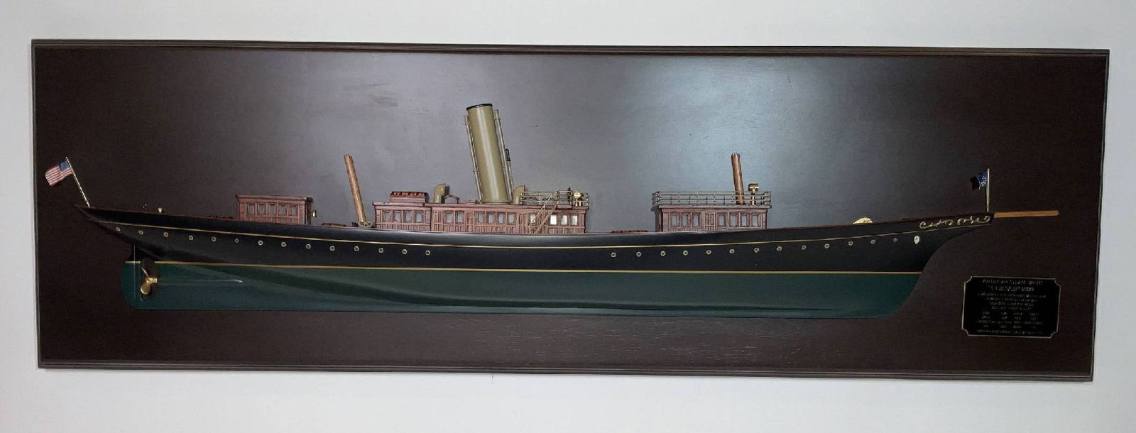 Half Model Corsair II Steam Yacht: Scale half model of JP Morgan's private steam yacht "Corsair II", flagship of the New York Yacht Club. The quality is evident. Planked mahogany deck, incredible built up mahogany cabins with raised