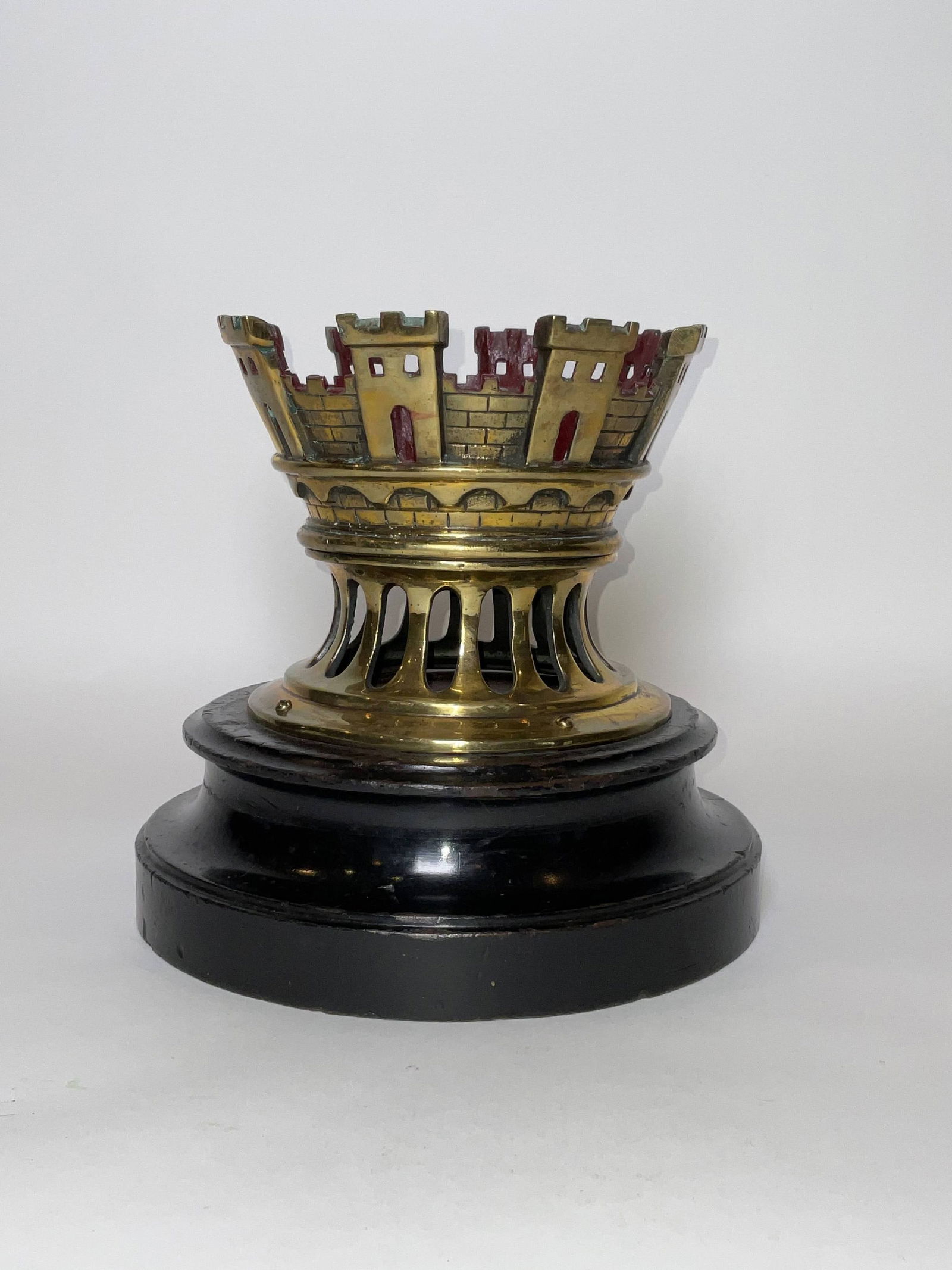 Solid Brass Mast Crown from British Royal Navy Ship: Mast crown from a Royal Navy ship. Solid brass with crown motif. Highly polished. Mounted to a wood base.