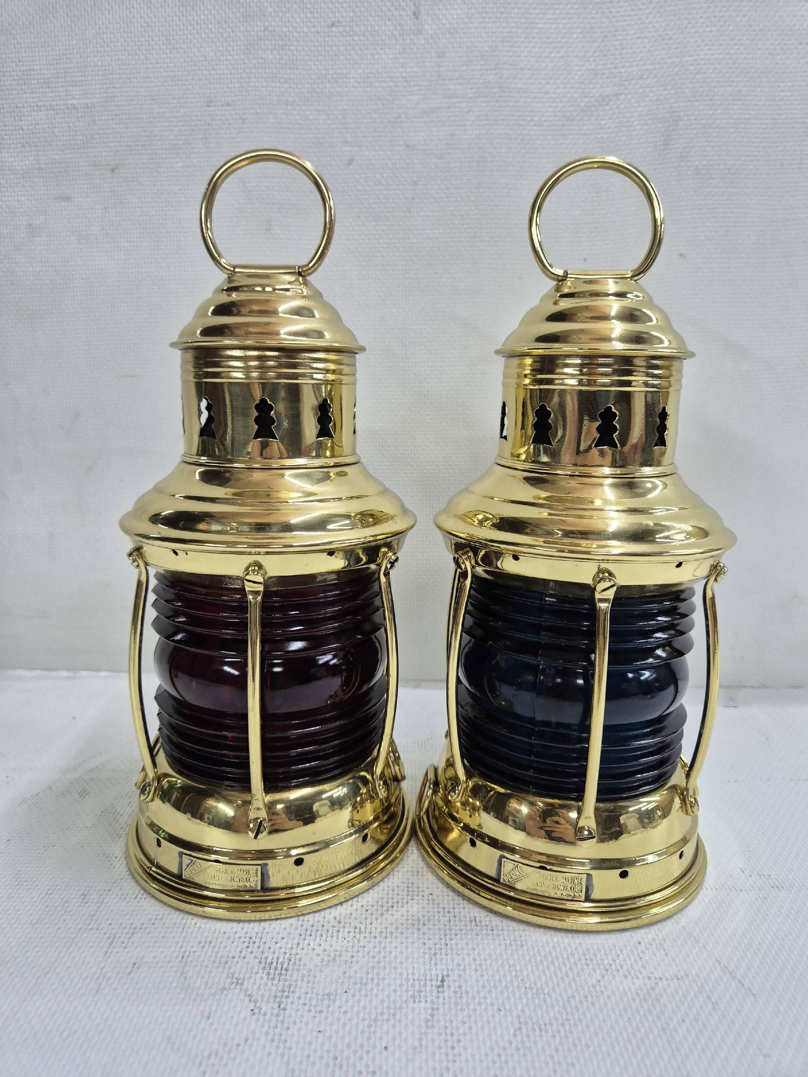Pair of Perko Signal Lanterns with Red and Blue Lenses: Quality pair of Perkins Marine Lamp Corporation Signal Lanterns. These 360 lanterns have red and blue lenses. The cases are meticulously polished and laquered. With oil burners. Circa 1930. 7 lbs