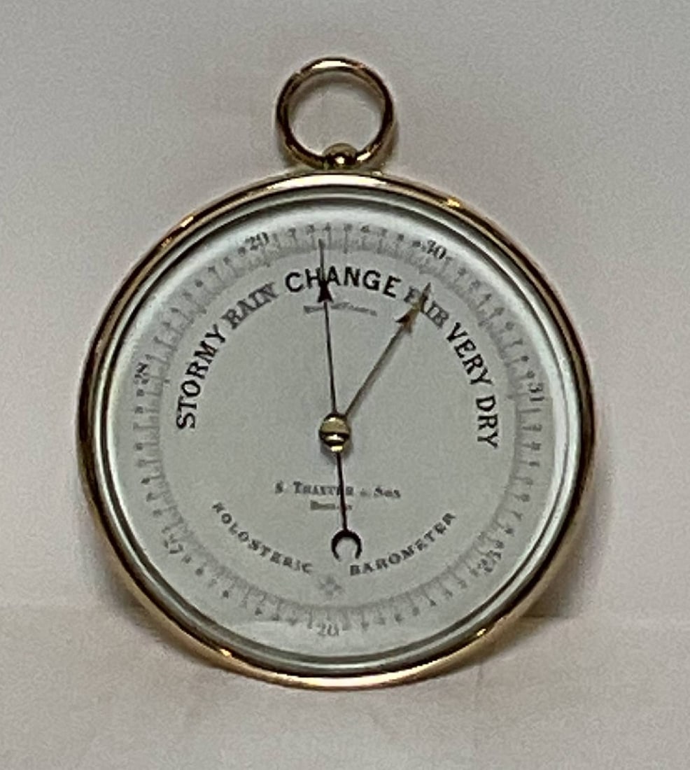 Antique French Brass Holosteric Ship's Barometer Thermometer: Ship's barometer by Famous French maker Pertius, Naudet, Hulot & Bourgeois. With polished and lacquered brass case. Fitted with a hanging loop. The face shows the merchants name "S. Thaxter & Son, Bos