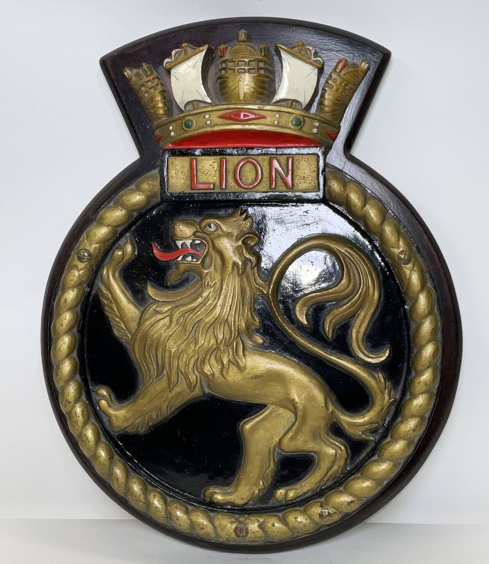 36 Pound Screen Badge from HMS Lion: British Royal Navy screen badge from HMS Lion, a battlecruiser launched in 1910. She was the flagship of the grand fleets battle cruisers thoughout WWI. She was 700 feet long, yarrow boilers. Very