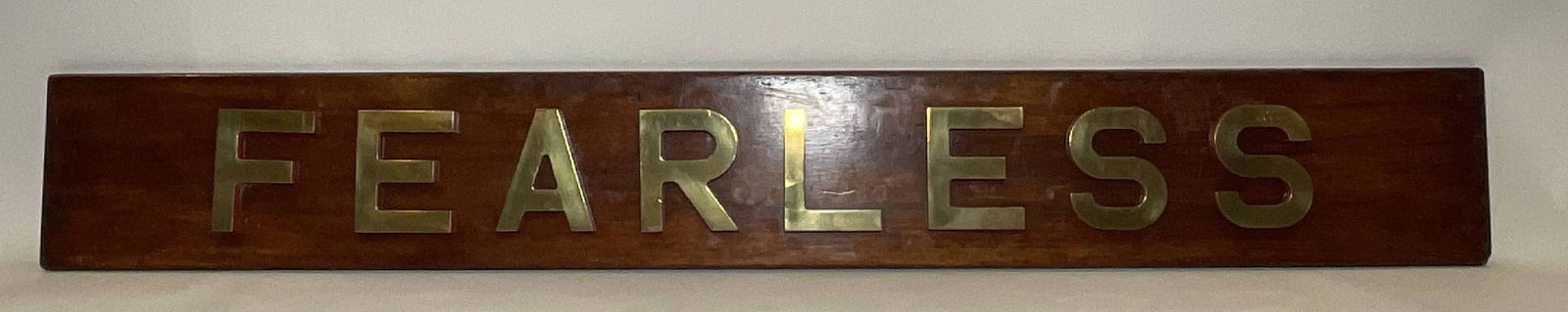 Royal Navy Ship’s Nameboard Fearless: Ship’s nameboard from the Royal Navy amphibious assault ship HMS Fearless (L10), launched in 1963 as the lead ship of her class and designed to carry and land Royal Marines by sea. HMS Fearless is