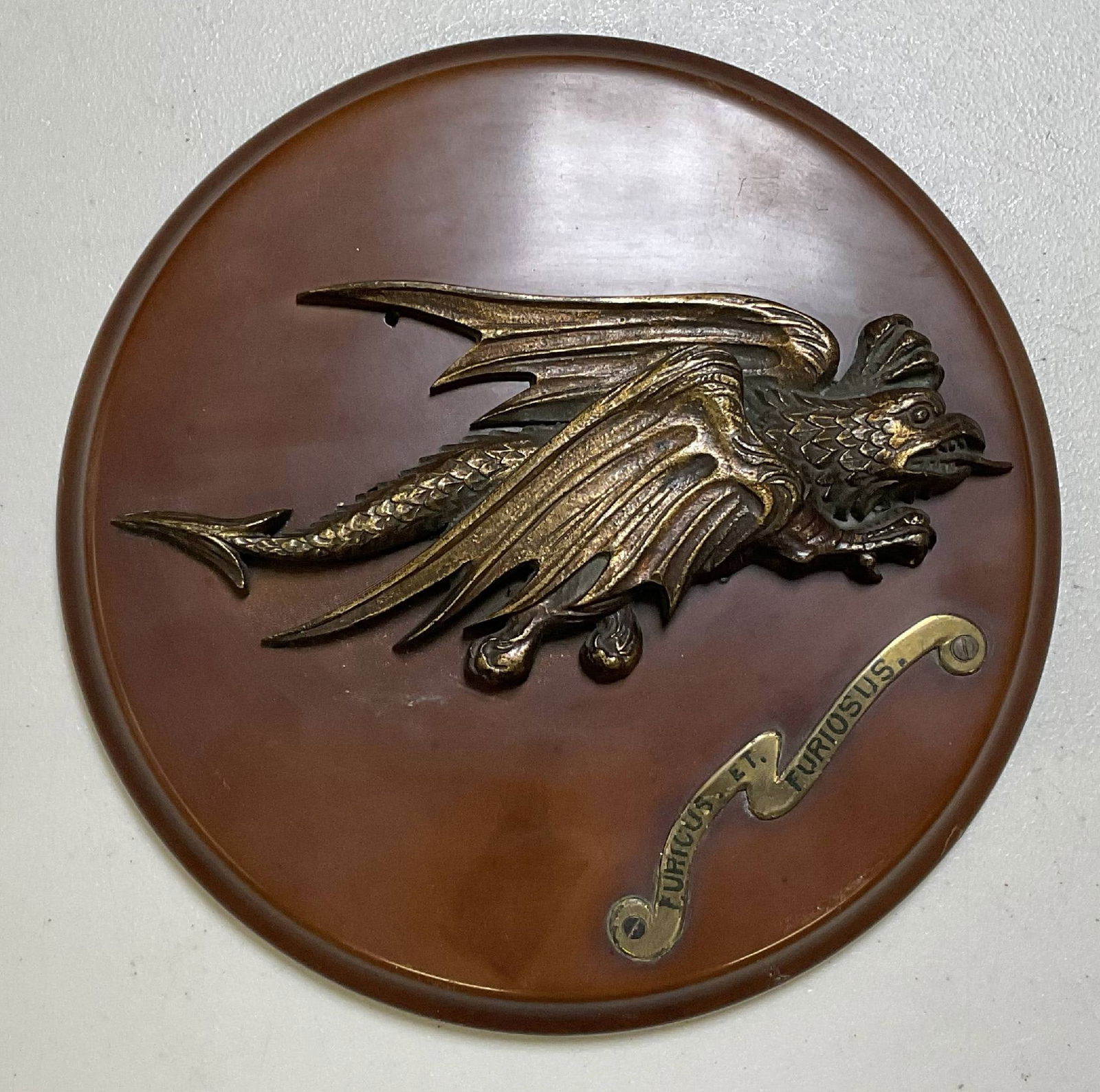 British Royal Navy Gun Tompion from HMS Furious: Bronze gun tompion from the Royal Navy F-class destroyer HMS Furious. HMS Furious had a long career before and during World War II. Heavy brass casting. 6 lbs. 11" Diameter.