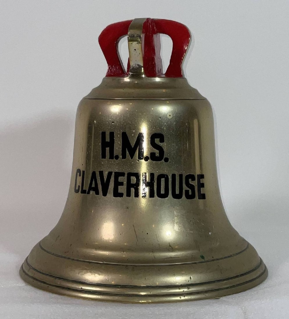Bell from H.M.S. Claverhouse: Solid brass bell from the ship H.M.S. Claverhouse, engraved “H.M.S. CLAVERHOUSE”. H.M.S. Claverhouse was a Type II Hunt-class escort destroyer of the British Royal Navy, launched in 1941 and c