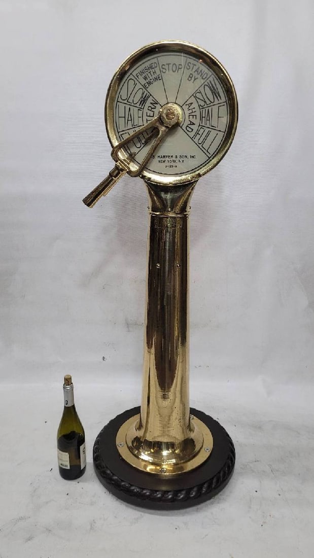 Ship's Telegraph on Pedestal by Joseph Harper: Highly polished and lacquered ship's engine order telegraph with twin face design. This E.O.T. was manufactured by Joseph Harper & Sons of New York. This is a bridge telegraph with ship's commands of