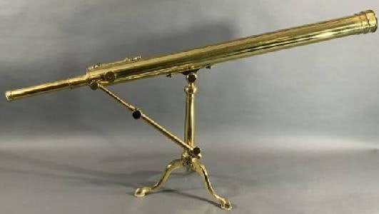 J Cazalin Of France Tripod Library Telescope: Nineteenth century scope with geared focal knob and heavy brass tripod stand. Weight is 24 pounds. 23" H x 55" L.