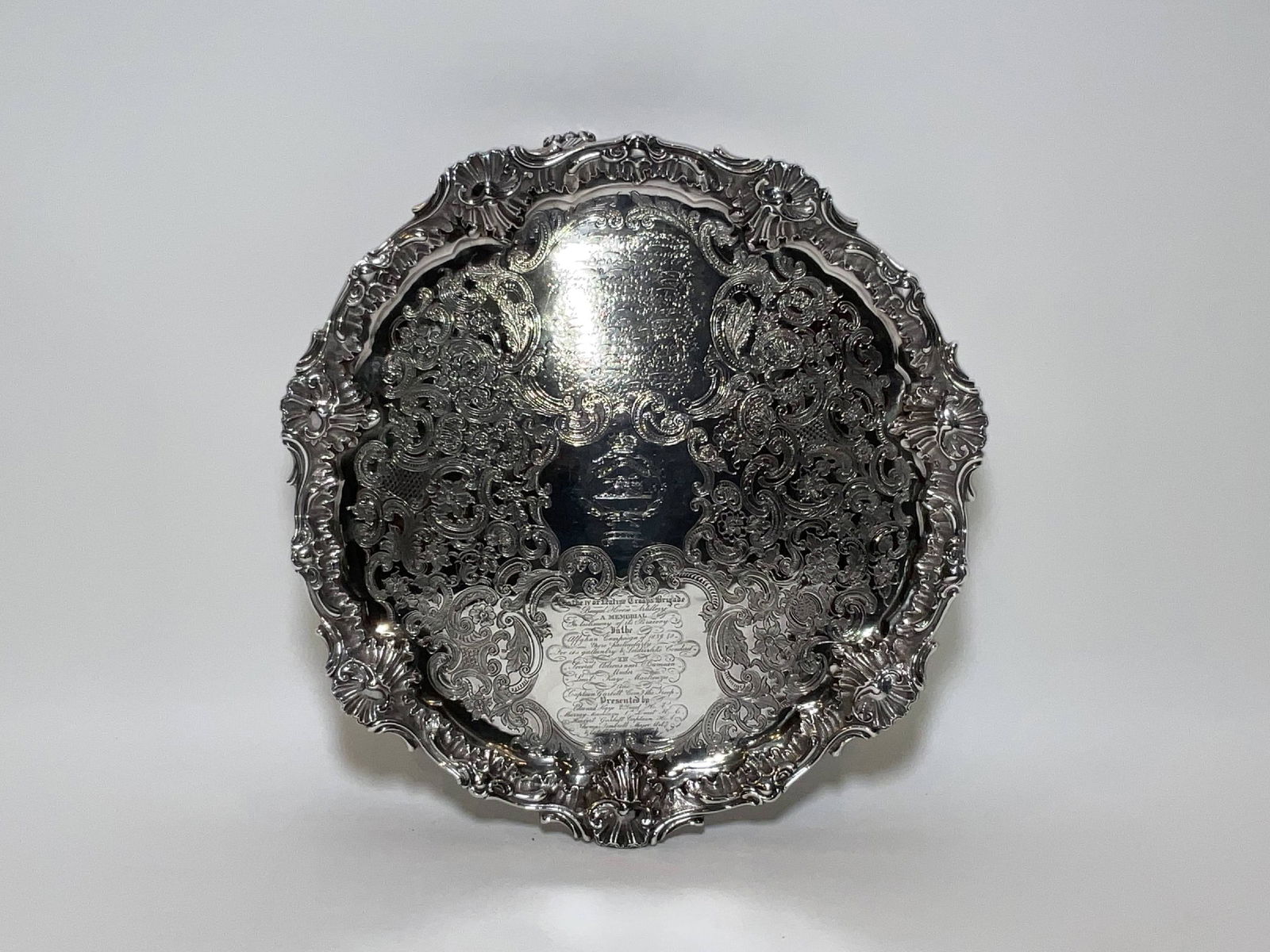 Silver Presentation Tray Awarded to the Bengal Artillery: Engraved tray with Bengal Artillery and Ubique at center. Celebrating the Bengal Horse Artillery of the Native Troops Brigade for their bravery in the Afghan Campaign of 1839-40, for its gallantry