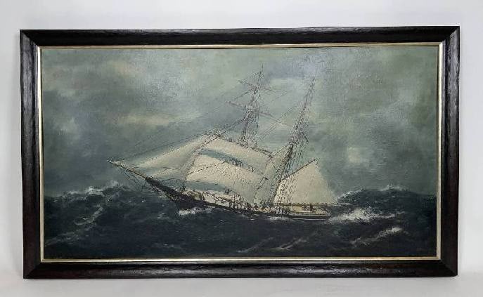 Marine Painting by William Pierce Stubbs: American Brigantine oil on canvas by W.P. Stubbs. A brig under shortened sail is sailing through heavy seas. Several crew are on deck. Wood frame. William Pierce Stubbs was a marine painter in the