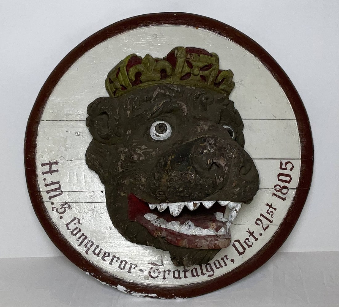 Battle of Trafalgar Ship’s Carving from HMS Conqueror: Rare carving of a lions head with crown from HMS Conqueror of 1801, the 74 gun third-rate ship of the line that fought at the battle of trafalgar. Quality carving with crown and open mouth. With