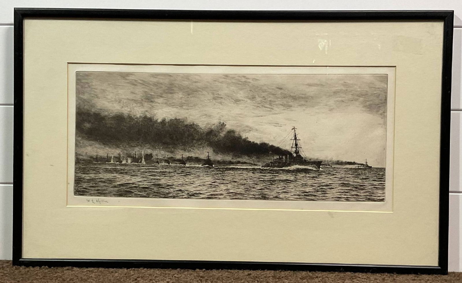W.L. Wyllie Engraving of the Battle of Jutland: Framed engraving showing the Battle of Jutland by William Lionel Wyllie showing a convoy of warships. 3 lbs. 14" H x 23" W.