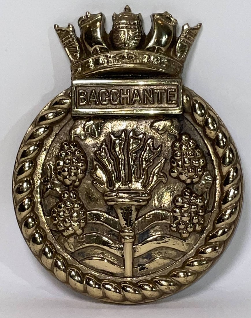 HMS Bacchante Boat Badge from Royal Navy Frigate: Original Royal Navy badge from a Leander class frigate. Highly polished and lacquered. Ship was later named Wellington. 7 lbs. 9" H x 7" W.