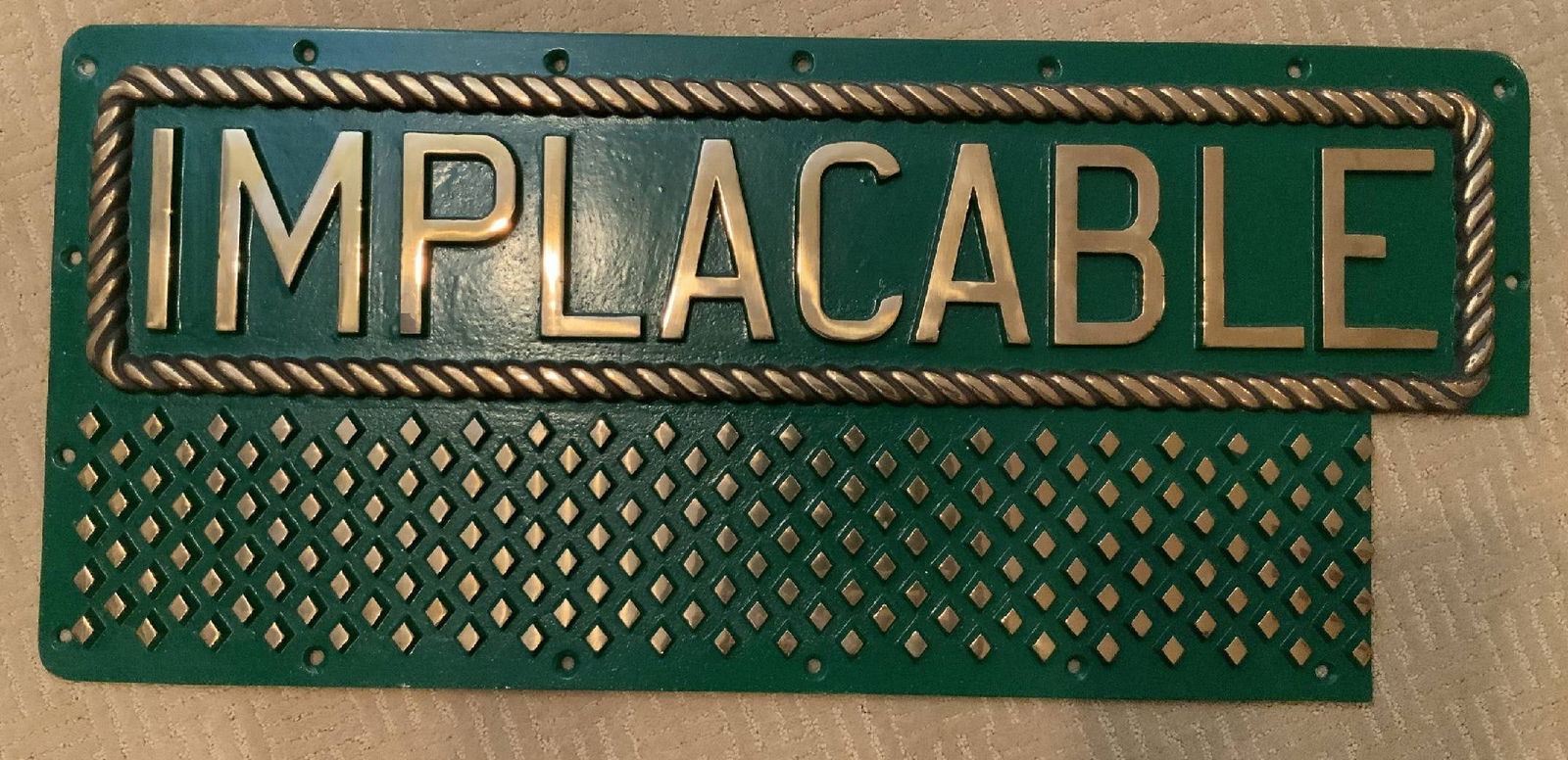 Aircraft Carrier Treadplate from H.M.S. Implacable of 1944: H.M.S. Implacable starboard side treadplate, a British Pacific Fleet aircraft carrier. She attacked the Japanese naval base at Truk and targets in the Japanese home islands in 1945. She brought POWs h