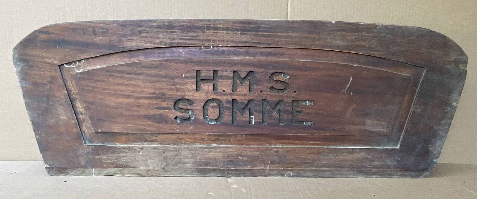 Carved and Shaped Seat Back from HMS Somme of the Royal Navy: Captains Gig seat back with carved letters from HMS Somme, an Admiralty S-Class destroyer of 1918. 12 lbs. 15" H x 43" W.