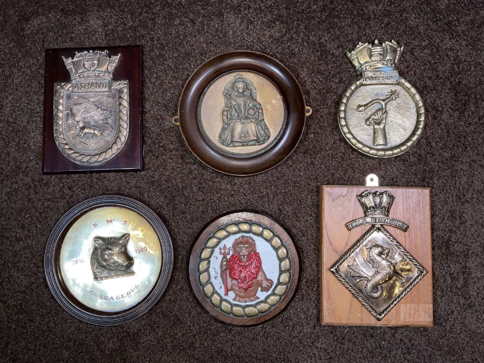 Royal Navy Ship's Badges and Tampions including Battleship HMS Queen Elizabeth: Group of six brass Royal Navy ship's badges and tampions including Queen Elizabeth, Ashanti, Lough Killisport, Courageous, Seahorse and Bermuda. 21 lbs. Big 9" H x 7" W. Small 7" Diameter.
