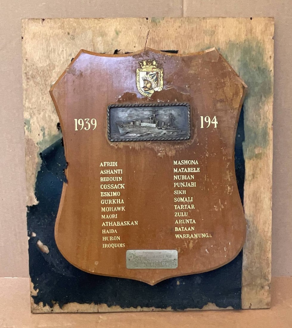 Honors Board for Royal Navy Tribal Class Destroyers: Royal Navy honors board with attached plate "Presented to HMS Tartar to Commemorate Tribal Destroyers who fought so gallantly with an attached casting of vessel. Twenty-three more sister ships are