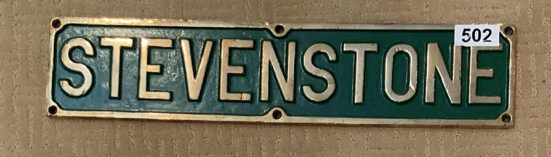Brass Ship's Name Plaque from H.M.S. Stevenstone: Heavy brass plaque from H.M.S. Stevenstone, a Hunt-class destroyer built for the Royal Navy during the Second World War. Completed in 1943, the ship spent the war in the English Channel. Thick, heavy