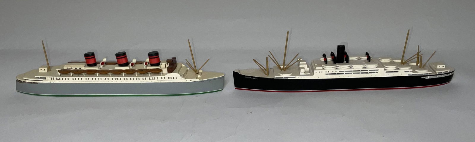 A Pair of Van Ryper Travel Models: The first is the M/V California, launched in 1923 after a 4 years delay. At 16,792 GRT and 578 ft. in length, she carried 1700 passengers in regular service from Glasgow to New York via Derry and Bost