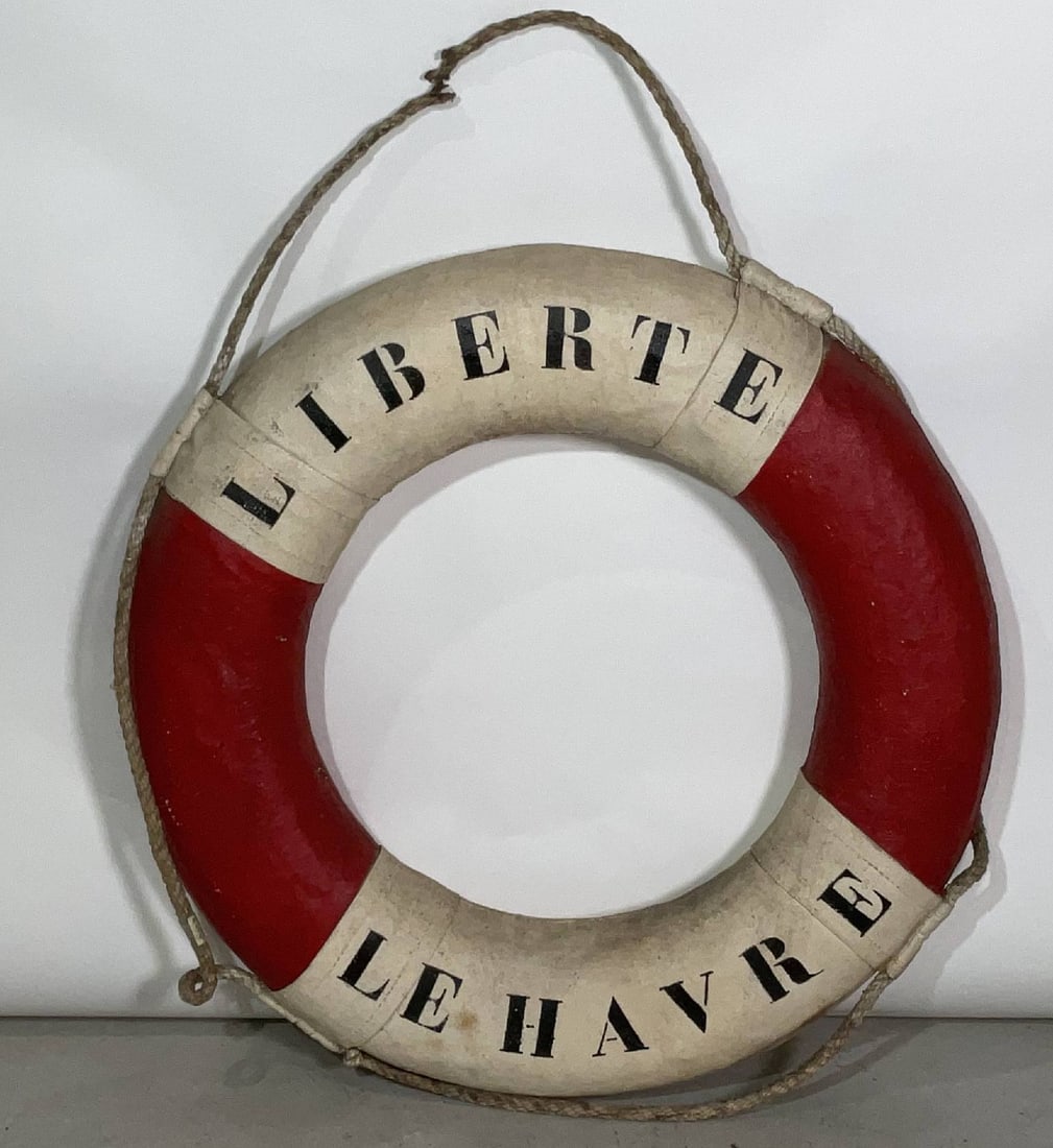 Very Rare Ocean Liner Liberte Lifering: Rare ocean liner lifering from the French Lines "Liberte" painted canvas with attached rope. Launched as Europa for North German Lloyd in the late 1920's and transferred to the French Line after an