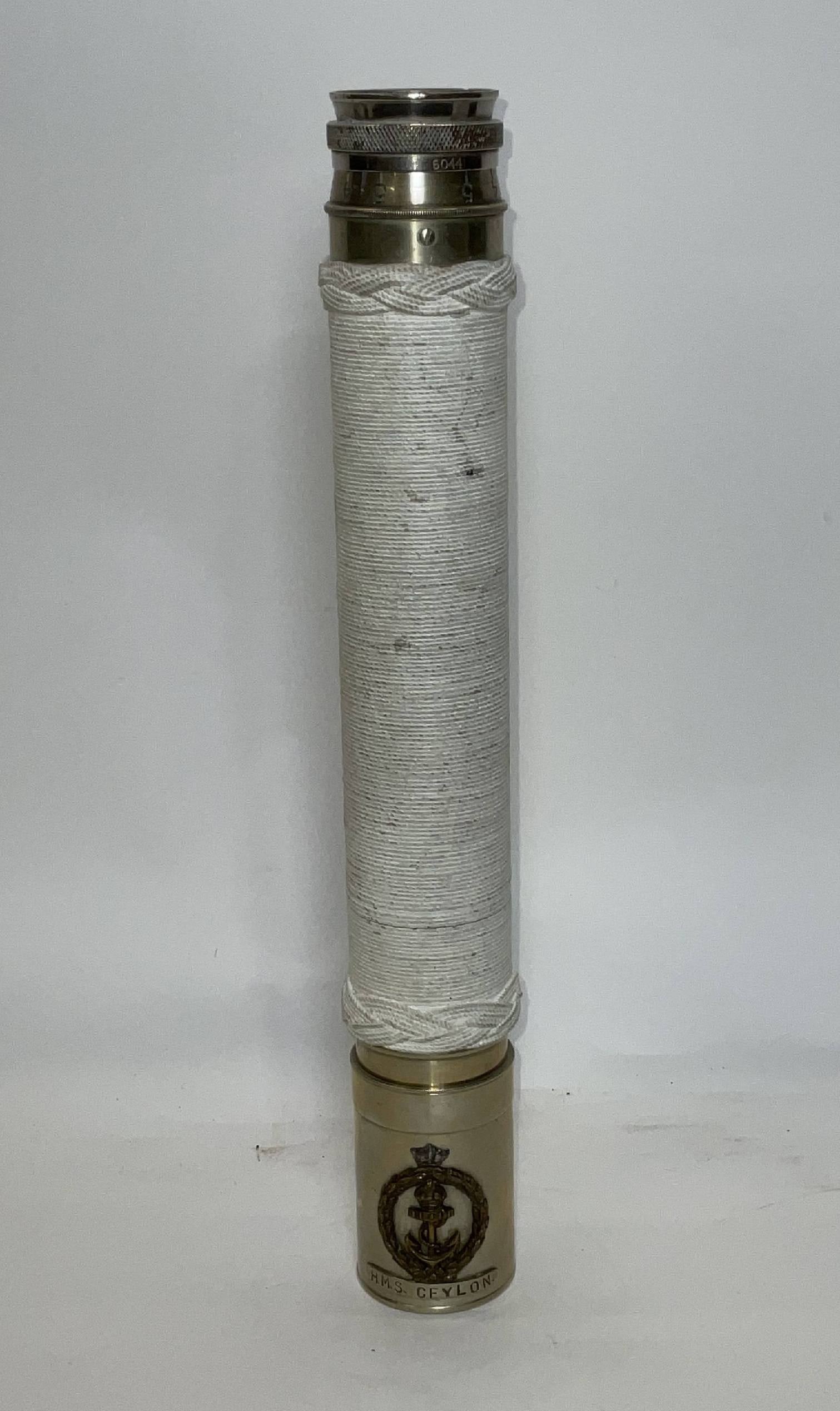 Captain’s Spyglass from Royal Navy Ship HMS Ceylon: Naval captain’s spyglass by Wottway & Co. Ltd, Ealing, London, 1943. Also with badge with anchor and nameplate for HMS Ceylon. HMS Ceylon was a light cruiser that saw action in the Atlantic and
