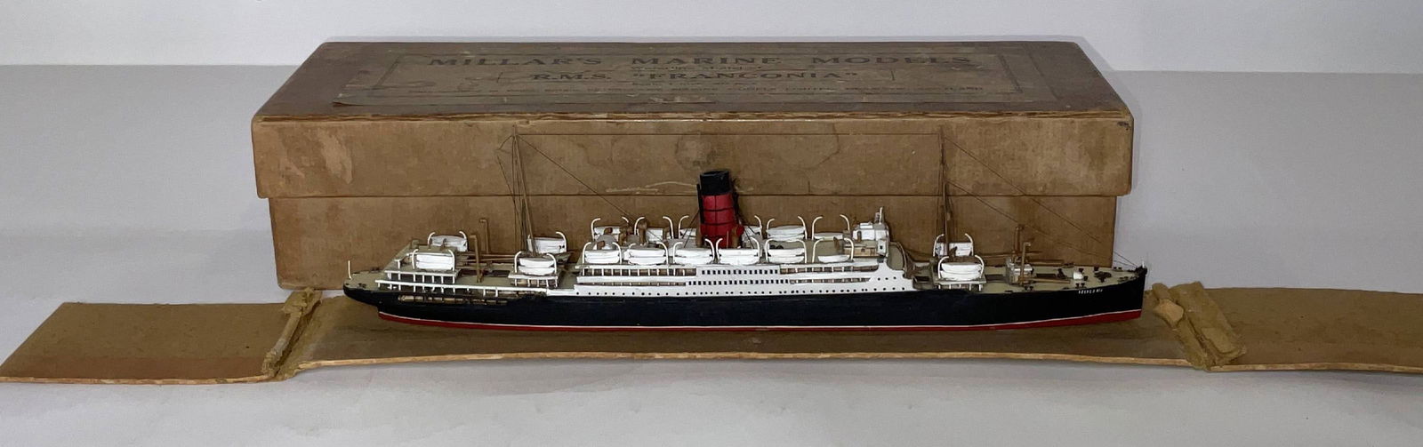 Millar's Marine Large Scale (1" = 50") Waterline Model of Franconia from the Schlutz Collection: RMS Franconia was launched in 1922 by John Brown & Co. for the Cunard Line. She was intended for the transatlantic Liverpool - New York route during the summers, while she did world cruises in winter