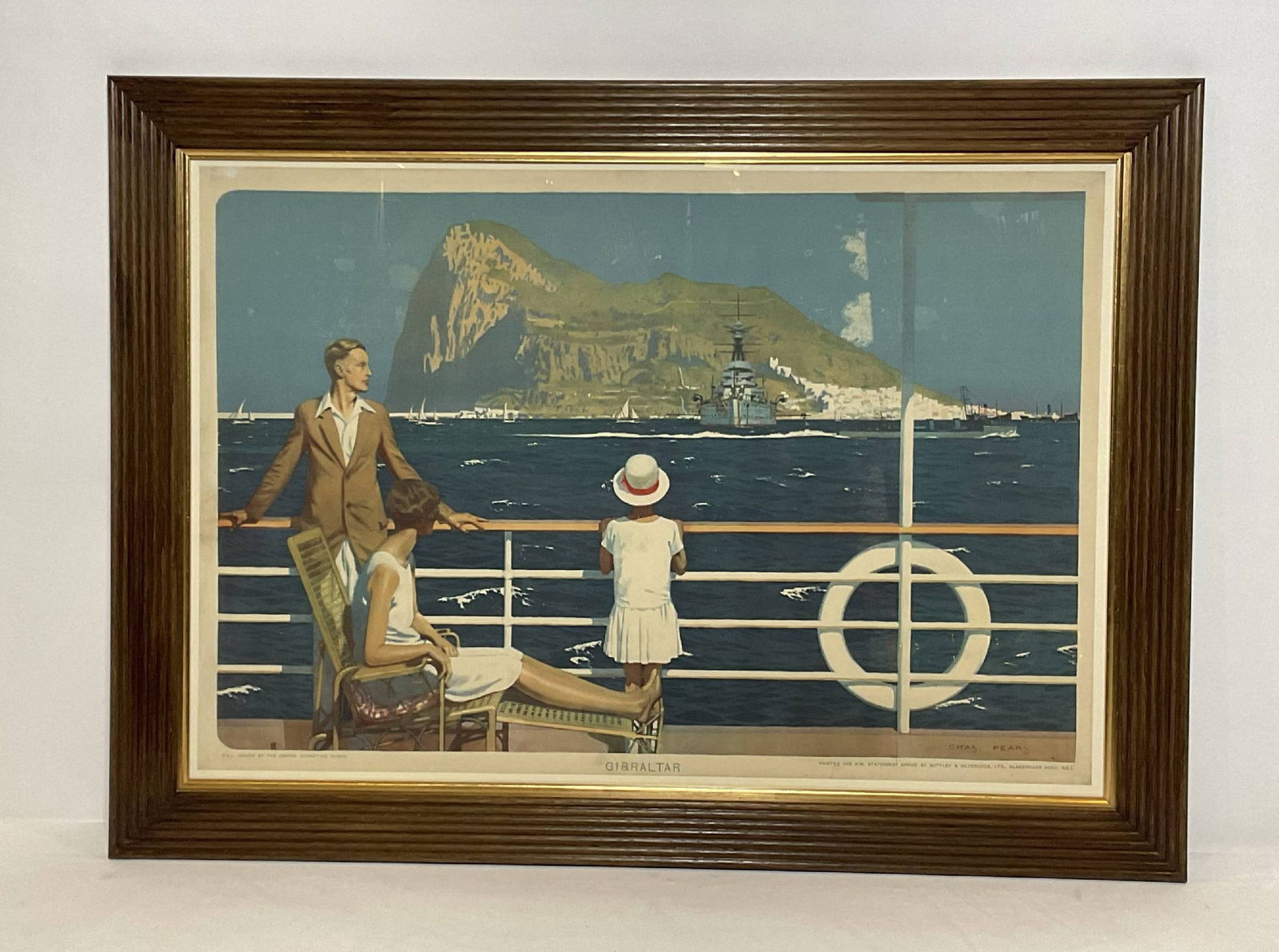Gibraltar Tourism Poster after Charles Pears: Colorful marine poster showing a family on a steamship deck and the Rock of Gibraltar in view. This is a tourism poster "printed for H.M. Stationery Office by Butler & Silverlock Ltd., Blackfriars Rd.
