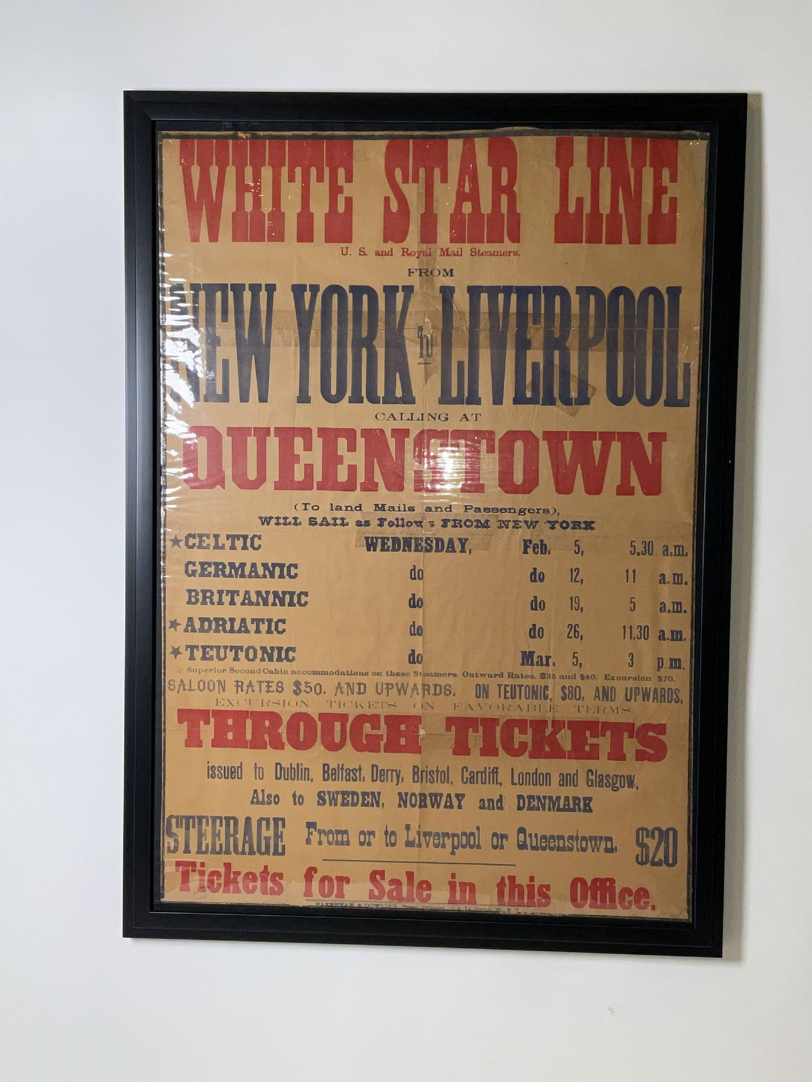 White Star Line New York to London Poster: White Star Line steamship broadbill for the New York to Liverpool calling at Queenstown. Ships include Celtic, Germanic, Britannic, Adriatic, and Teutonic. Nicely framed. 4 lbs. 24" H x 36" W.