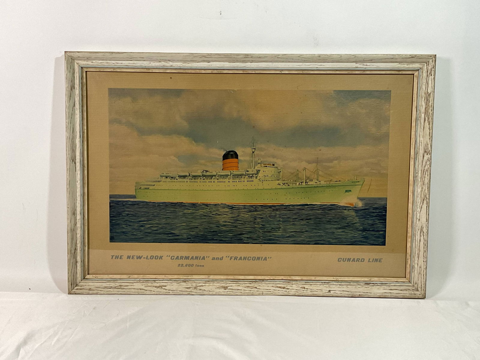 Cunard Line Framed Print – RMS Carmania & Franconia, Green Hull Livery: Cunard Line framed print for the Carmania and Franconia showing the vessel with a green hull. 8 lbs. 24" H x 32" W.