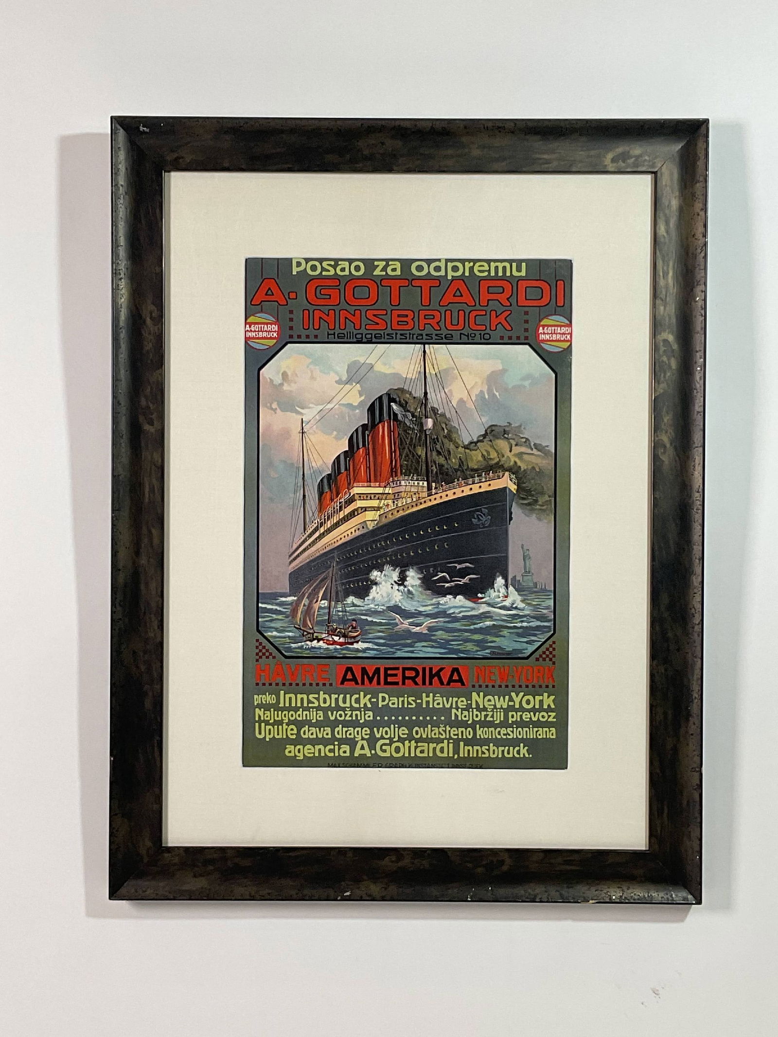 Poster of Cunard Liner Mauretania by Rossner: Colorful poster of the Mauretania with Statue of Liberty in the background by Rossner. This is a travel agency poster from A. Goftardi, Innsbruck. Matted and framed. Provenance: Christie's. 6 lbs. 11