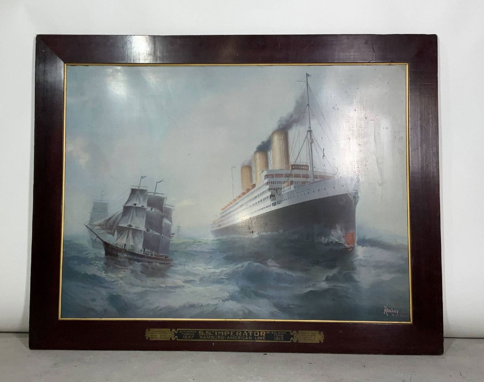 SS Imperator Hamburg-American Line Chromolithograph on Tin, Signed Bishop, 1911, Framed Advertising: Chromolithograph color on tin showing the SS Imperator, Quadruple turbine Hamburg - American Line 50,000 ton liner. 919 Feet. Wood framed advertising piece. Signed bishop 1911. N.H. Conn., lower