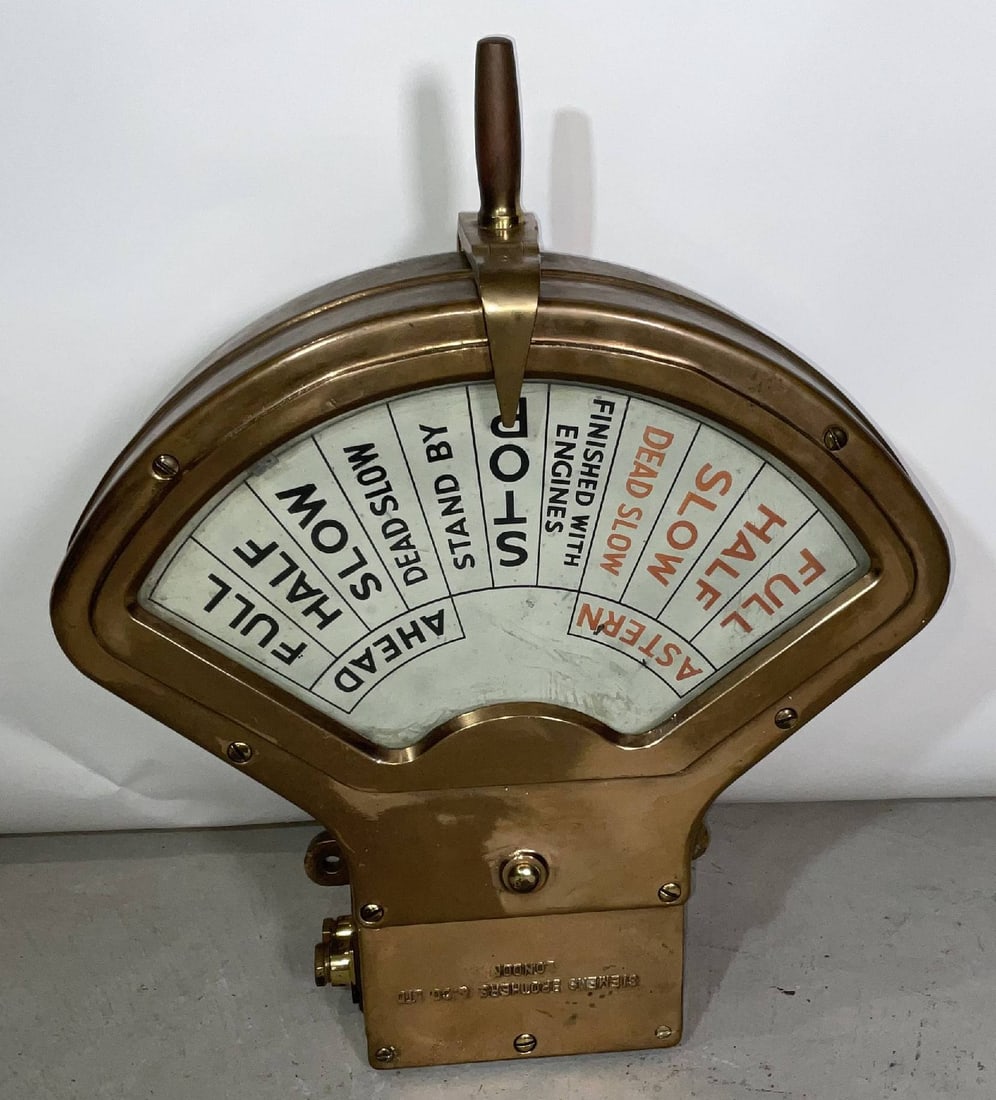 Ship's Engine Room Mounted Engine Room Telegraph: Solid brass ship's engine room telegraph by Siemens Brothers & Co. Limited, London. Kidney-shaped ceiling mount engine room unit that would be mounted upside down. Circa 1930. 100 lbs.