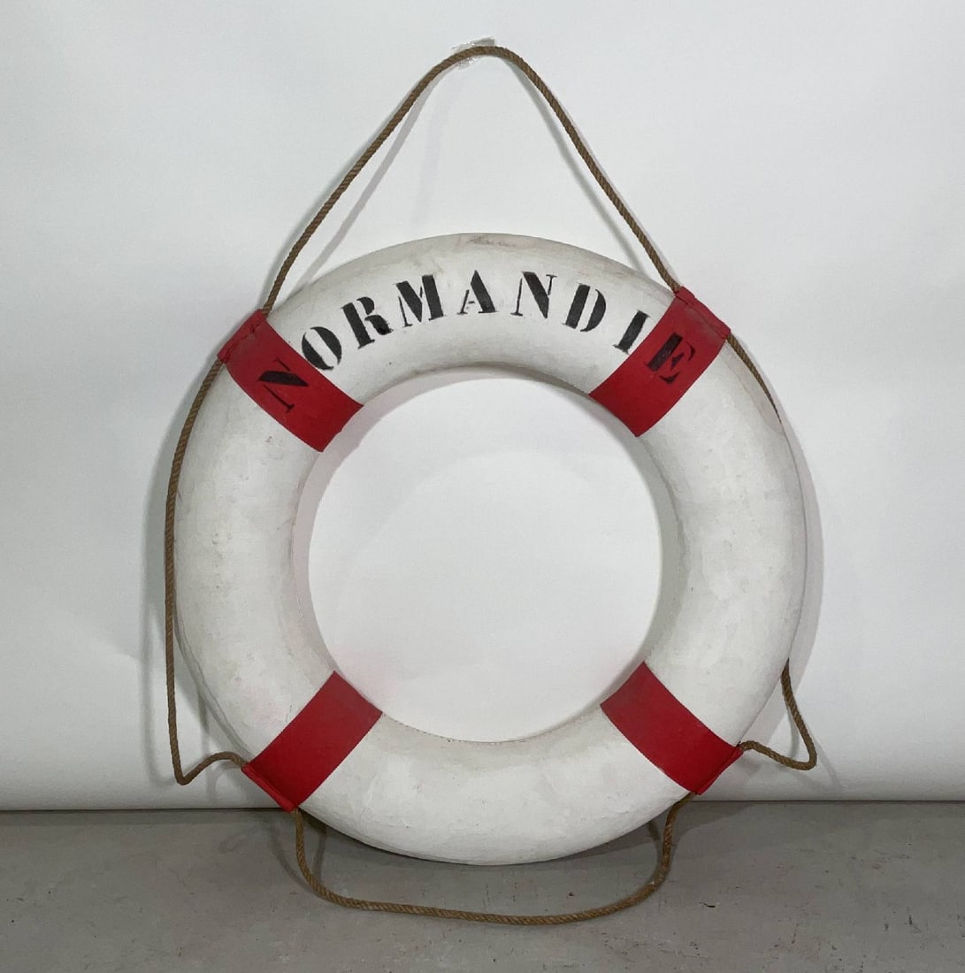 Ocean Liner Normandie Lifering: Canvas-covered lifering painted ocean liner "Normandie". Ocean liner Normandie lifering from the Gene Darcy collection. 10 lbs. 28"Diameter.
