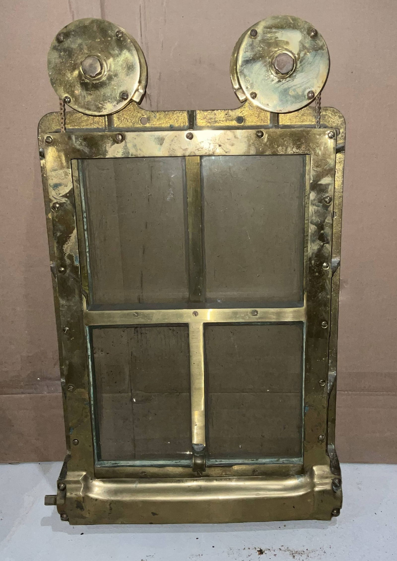 Bronze Sliding Ship's Window from English Maker: Heavy bronze ship's window with sliding mechanism. Quite heavy. 18"H x 30"W.