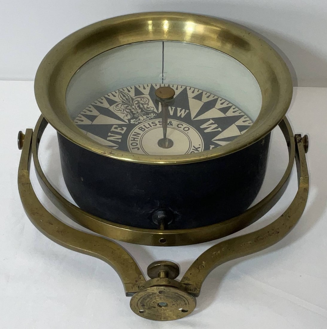 John Bliss and Co Tell Tale Ships Compass: Rare ship captains ship's cabin ceiling mounted tell-tale compass. Solid brass with original mount. These are scarce.