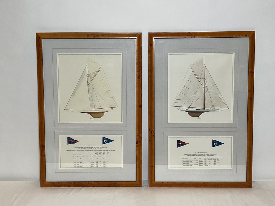 Two America's Cup Yachting Prints in Burlwood Frames