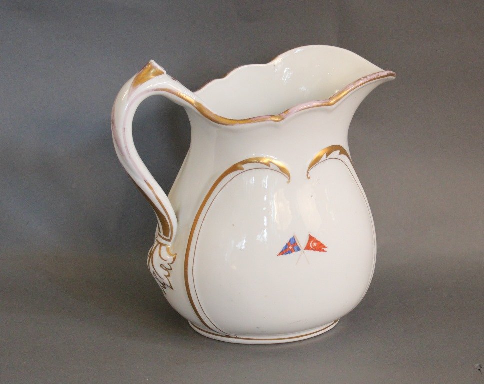 Pitcher from J.P. Morgan’s “Corsair”: Porcelain pitcher from J.P. Morgan’s private yacht “Corsair II”, the Flagship of the New York Yacht Club when JP Morgan was Commodore. The pitcher is hand decorated with Morgan’s private signa