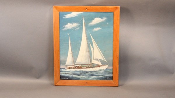 Yacht Curlew II by John Austin Taylor: Colorful gouache by noted illustrator John Austin Taylor showing the yawl “Curlew II” under full sail in calm seas. Flying the New York Yacht Club burgee and owner’s signal. Curlew II was owned