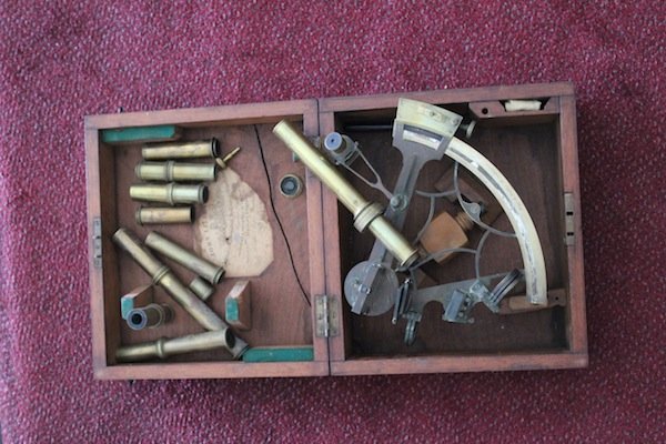 Riggs & Brother Sextant from Anthony's Pier 4: Ship’s sextant with merchant’s name Riggs & Brother, Philadelphia on scale. With box and eight additional misc scopes.