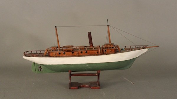 Antique steam yacht model: Early model of an American steam yacht with long cabin, masts, lifeboats, etc... Museum deaccession. 15 x 3 x 8.