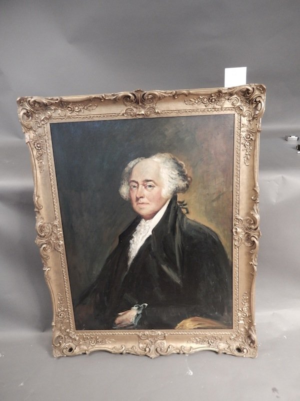 Portrait of John Adams: Oil on canvas of John Adams dating to the mid 20th century. Adams is shown in a seated position wearing a dark cloak. Mounted into a wood and gesso frame. Unsigned. On sight 35” x 27 1/2”. Overall