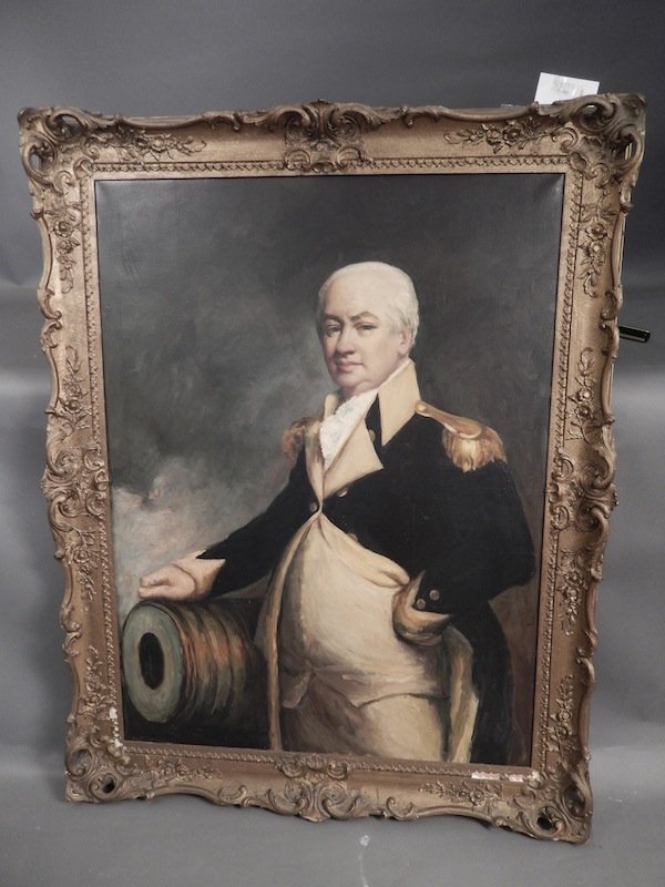 Portrait of General Henry Knox with cannon: 20th century oil painting of General Henry Knox alongside a cannon in full Naval dress including waistcoat and epaulets. Mounted into a wood and gesso frame. 39” x 29”, overall. 47” x 37”, on 