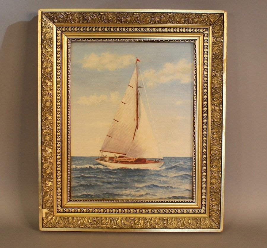 Arthur Diehl Yachting {ainting: Painting of a sloop under sail through calm seas signed lower right A. Diehl. Flying it's main and jib in a rich blue sea with two sailors in the sunken cockpit. This painting displays the artists exp