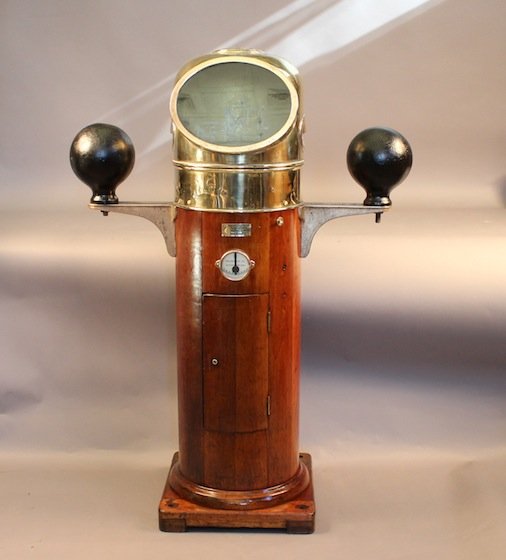 Liberty Ship Binnacle with Brass Hood: Kelvin White, mahogany and brass U.S. Navy Liberty ship binnacle with gimbaled compass and iron compensating balls. Brass hood has wide mushroom style glass viewing port displaying the gimbaled Kelvin