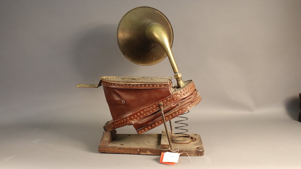 Siebe Gorman Fog Horn and Air Pump: Siebe Gorman fog horn and air pump with solid brass trumpet, leather bellows and brass hardware.