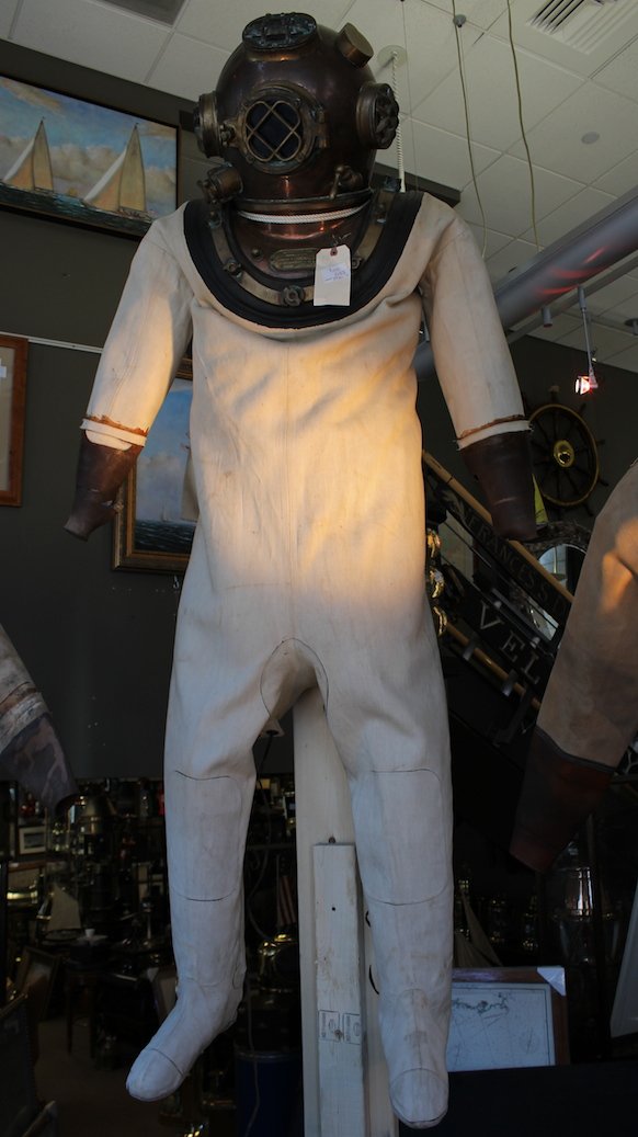 Emory & Douglas Replica Diving Helmet with Suit: Diving Jake consisting of an original canvas suit, original pair of canvas and brass dive boots with canvas uppers, leather trim and brass toe caps. The helmet is a high quality reproduction with make