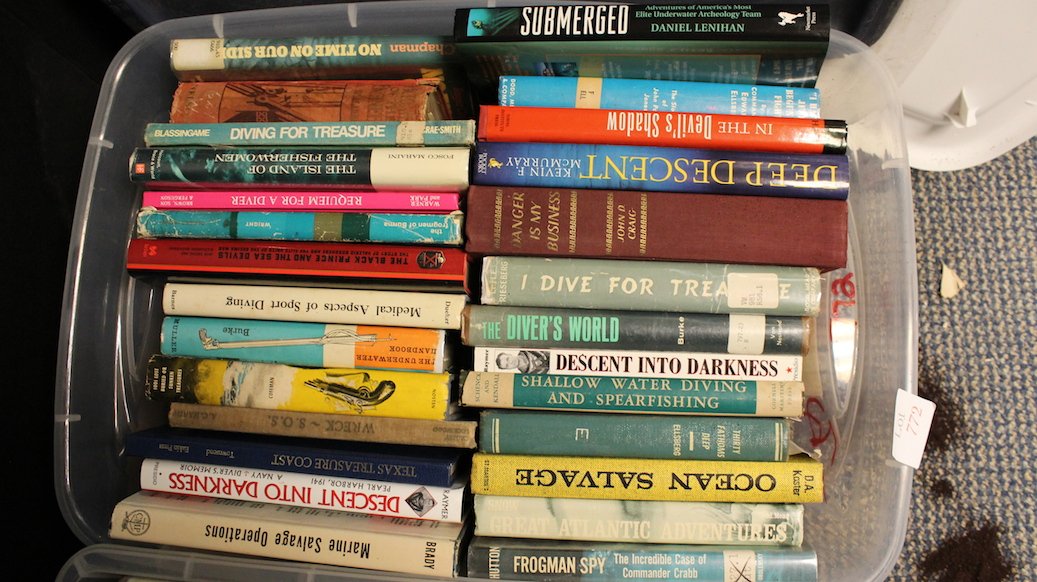 Diving Treasure and Salvage Books: Fifty hardcover books relating to diving, salvage, treasure etc... From the rare to the common. From hard hat diver Tom Hering's private library. Condition: scent of mildew
