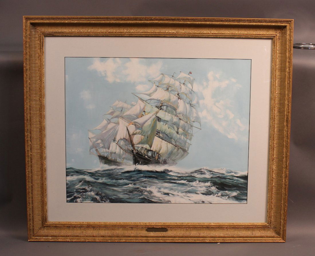Watercolor by Montague Dawson: Powerful painting by world renowned artist Montague Dawson showing two clipper ship’s racing side by side in strong seas. 23” x 29” on sight. Provenance: purchased in the 1970s by a prominent Ne
