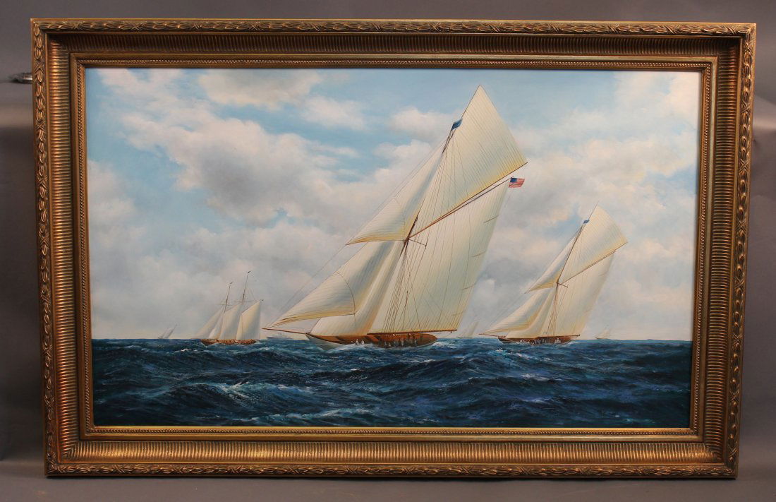 Large America’s Cup Yacht painting: Painting showing two gaff rigged yachts racing side by side under full sail with crew on deck under bright skies. Fitted to a wood and gesso frame. 37 x 57