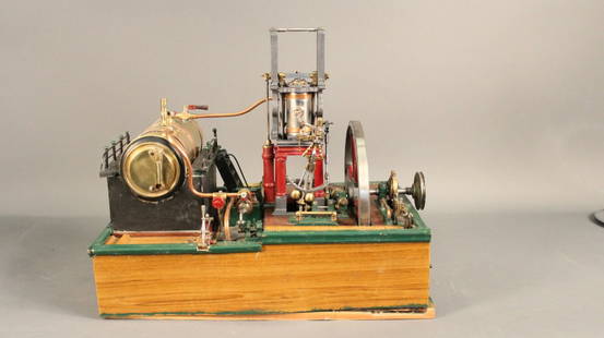 Ornate desk-top model of live steam power plant: Exquisitely crafted complete model of a steam power plant, featuring boiler and early victorian era “Overtype” engine driving eccentric-driven feedwater pumps. Boiler appears to be Weeden-built.