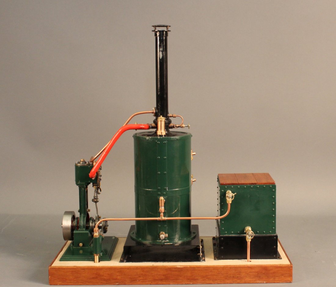 L. J. Evans desktop coal burning vertical boiler and: Vertical coal fired copper boiler built by L. J. Evans . , eccentric driven feedwater pump with bypass valve and hotwell tank, removable firegrate, hydraulically tested to 200 PSI. 19 x 9 x 21