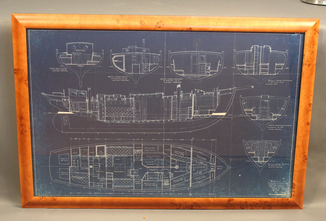 58 foot sailing yacht blueprint by Alden: Original 1926 bleuprint from the workshop of John G. Alden, Naval Architect and broker 148 State St. Boston, MA. cabin plan of a 58 foot auxiliary ketch's cabin plan showing all below deck details inc